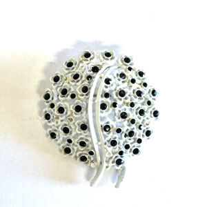 Vintage White Enamel with Black Rhinestone Floral Pin Brooch 1960s